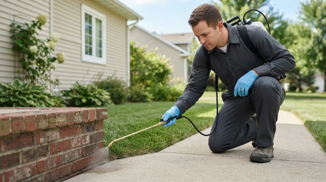 Pest control technician treating a home near Altavista, VA